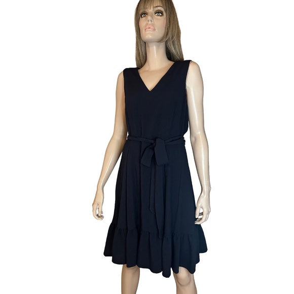 Calvin Klein Tiered Dress Fit and Flare Sleeveless Belted Pockets Navy Blue - Picture 5 of 16